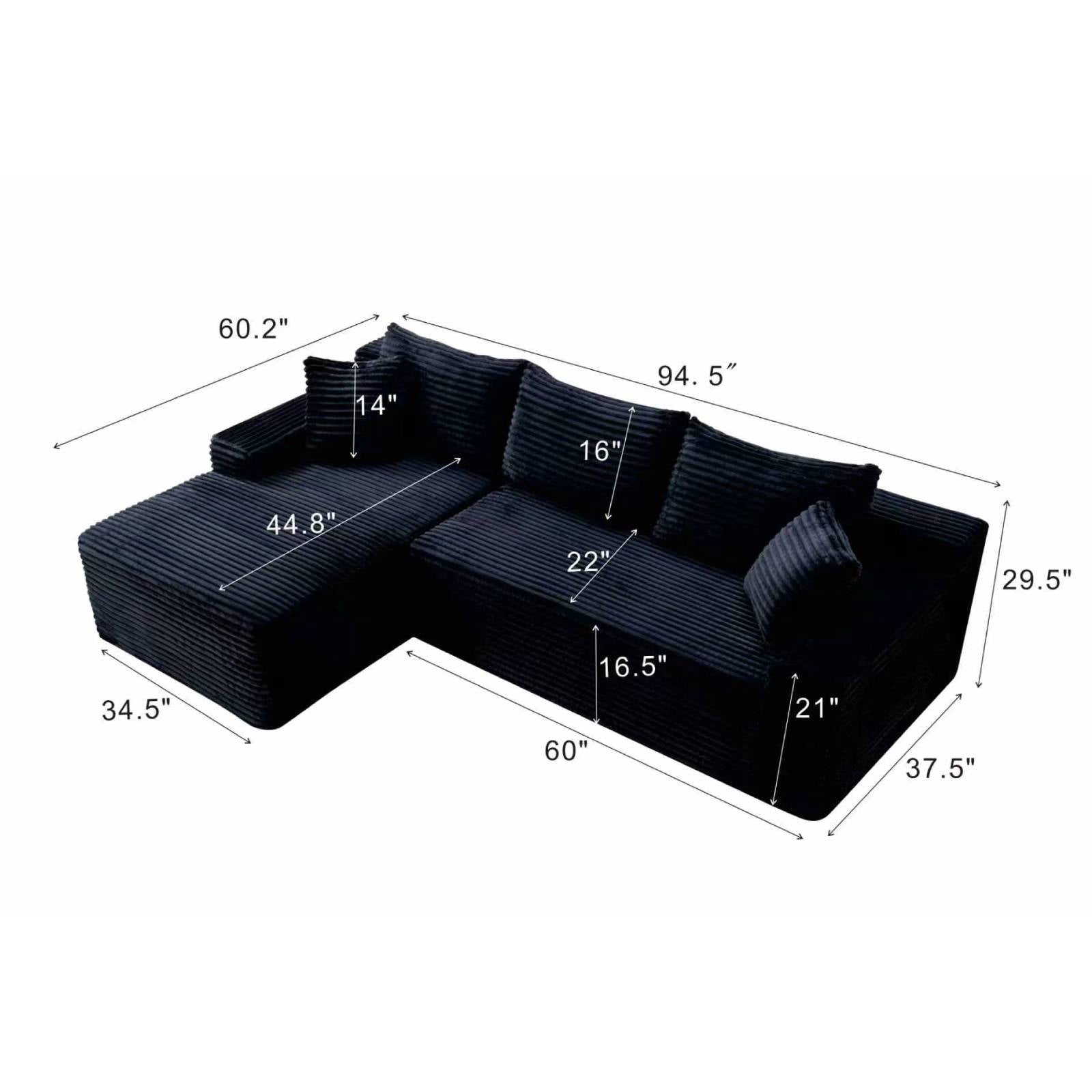 L-Shape Cloud Couch Modular Sectional Sofa Corduroy Boneless Sofa Couch with Chaise, No Assembly Sofa for Living Room, Black