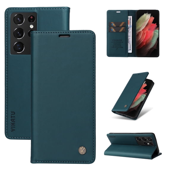 Flip Phone Case for Samsung Galaxy S21 Ultra 5G, Kickstand and 2 Card Slots, Shockproof and Scratch Resistant, Blue