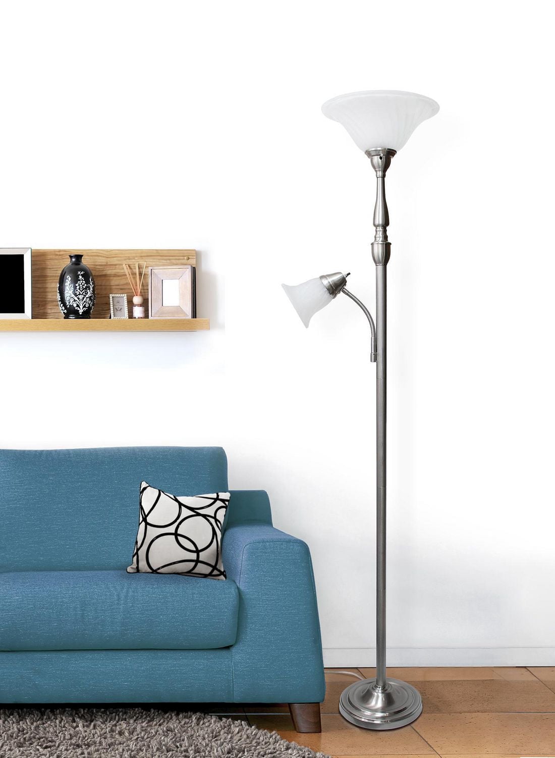 Lampe de sol mère-fille aux motifs élégants 2 Light avec verre marbré blanc, nickel brossé