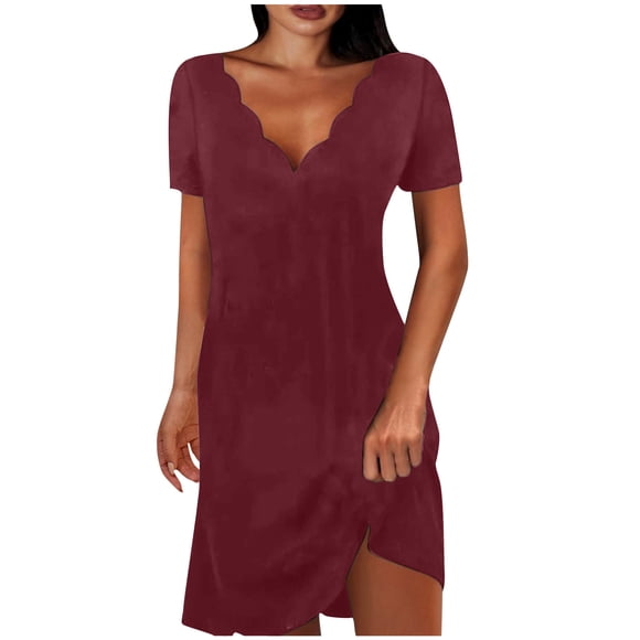 Women's Mini Loose Babydoll Dress Ruffle Sleeve Clothing Solid Color Tops V Neck Elegant Casual Comfy Summer Dresses for Female Red M