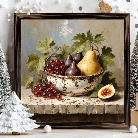 8x8 Inch Framed Wood Wall Art, Still Life Fruit Painting with Figs and Grapes on Square Wood Panel, Rustic Kitchen and Dining Room Decorative Decor 1pc