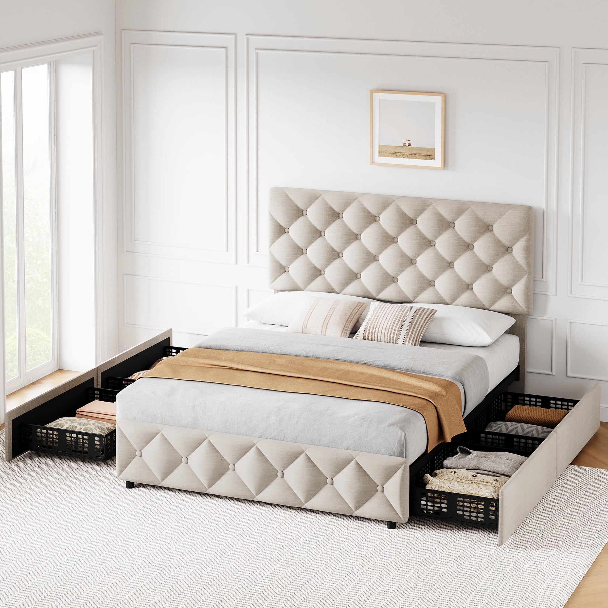 Queen Bed Frame with Headboard Adjustable, Linen Upholstered Size Platform Bed Frame with 4 Drawers, Modern Queen Bedframe, Wooden Slats Supports, No Box Spring Needed, Diamond Stitched Button, Beige