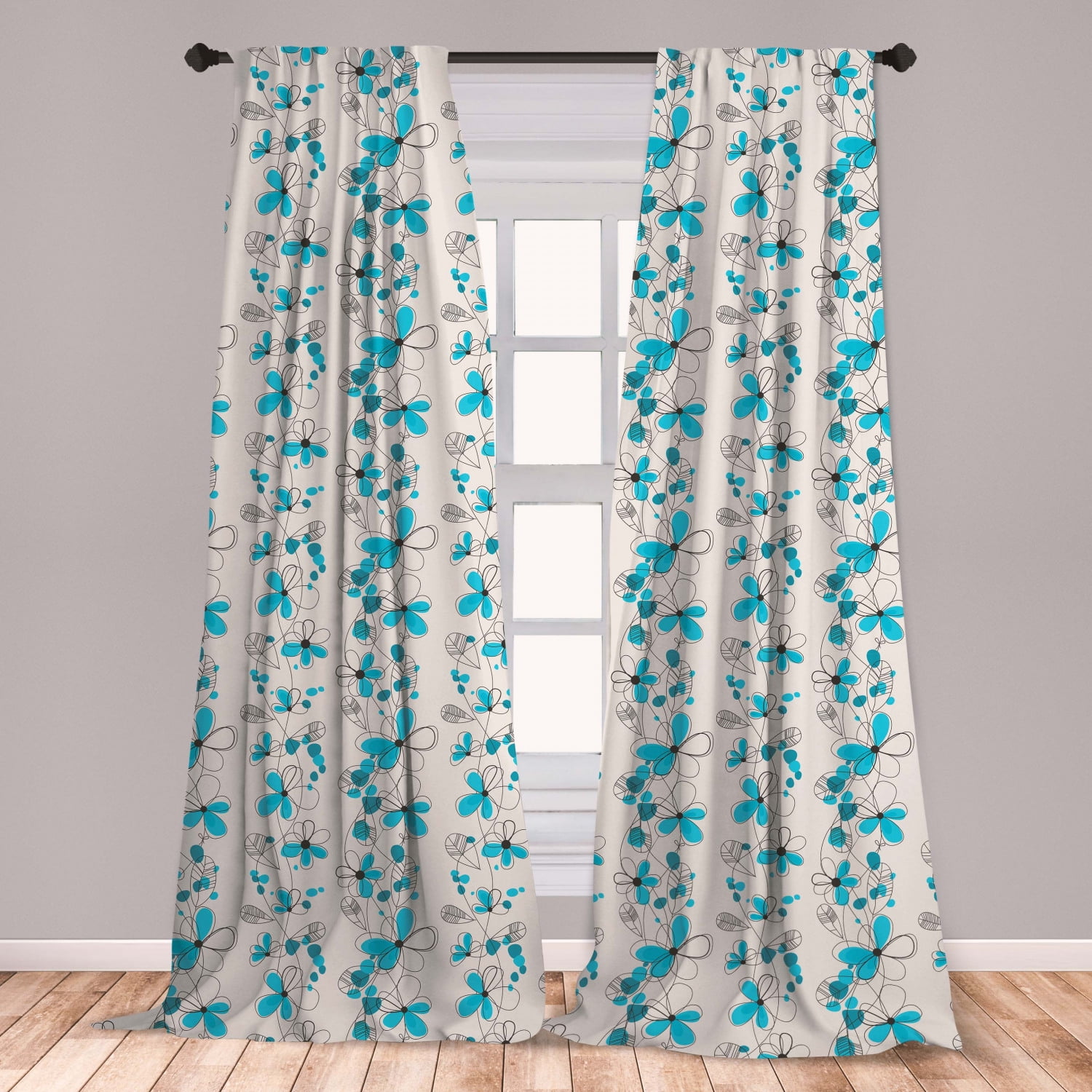 Grey and Blue Curtains 2 Panels Set, Childish Drawing of a Field with ...