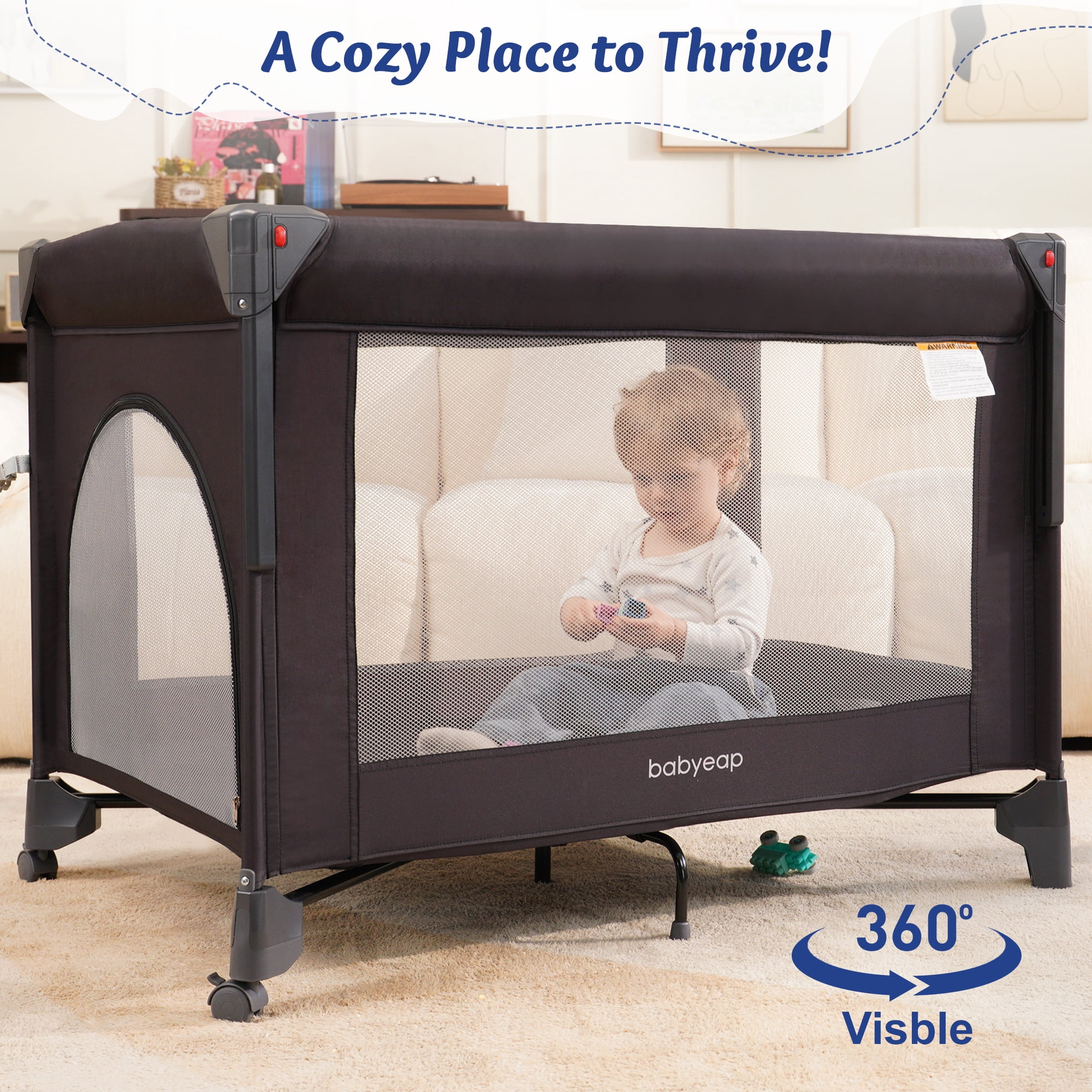 Babyeap 4in1 Baby Bassinet with Playard, 1-Step Fold Portable Playpen with Changing Table, Bedside Sleeper for Newborns, Black