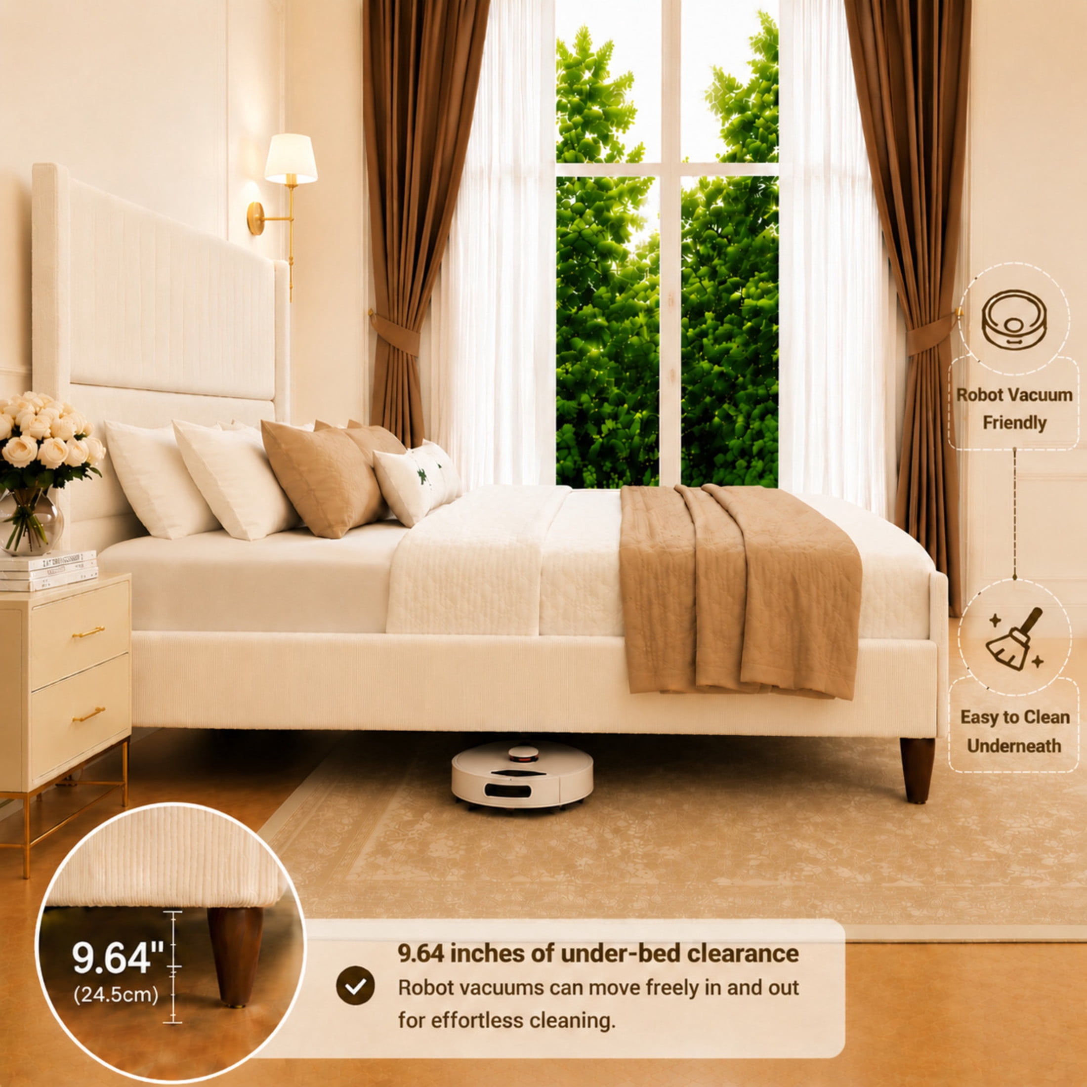 Noble House Abriele Full Size Corduroy Upholstered Wingback Bed Frame with Solid Wood Legs & Center Support, Beige