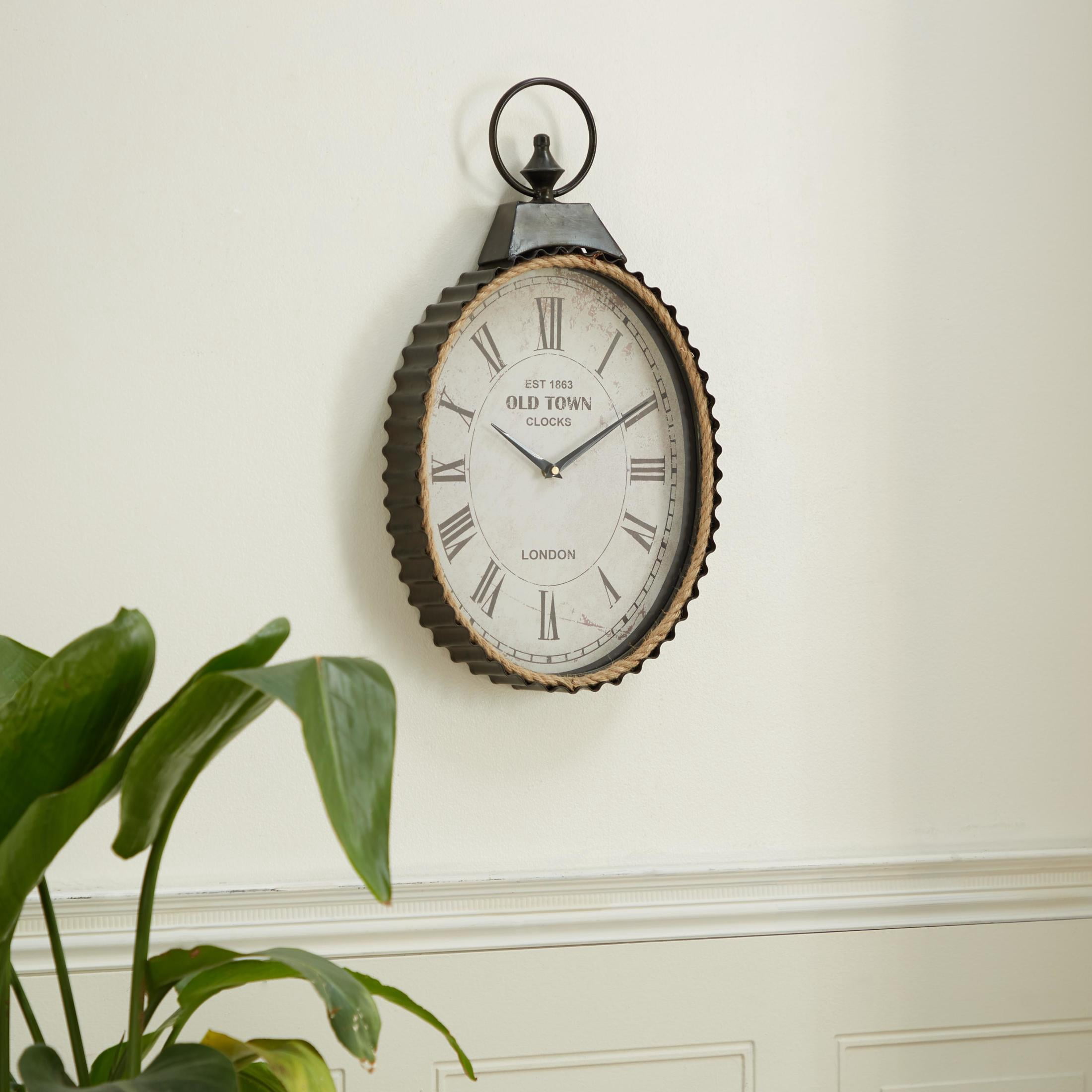 DecMode 12" x 21" Black Metal Finial Pocket Watch Style Wall Clock with Rope Accent