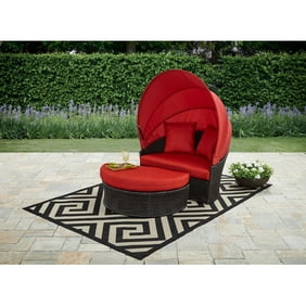 Cloud Mountain 4 Piece Canopy Daybed Patio Rattan Round Outdoor Cushioned Wicker Furniture Daybed Retractable Garden Lawn Sectional Sofa Set Black