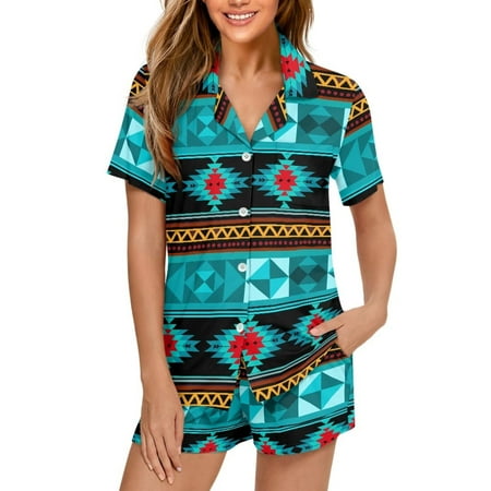 Yuyamidu Women Pajamas Set Notch Collar Soft Comfy Sleepwear Southwestern Aztec Print Pjs 2 Piece Short Sleeve Button Down Nightwear with Short Pants Loungewear with Pockets Size M