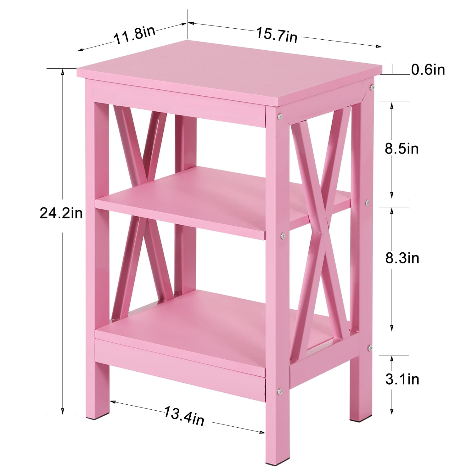 VECELO Set of 2 Nightstand with 3-Tier Shelves, X-Shaped Sofa Side End Table for Bedroom/Living Room/Office, Pink