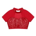 thumbnail image 3 of TiaoBug Kids Girls Sequins Mesh Splice Cutout Back Jazz Hip Hop Modern Dance Crop Tops Mock Neck Tee Blouse Red 10, 3 of 5