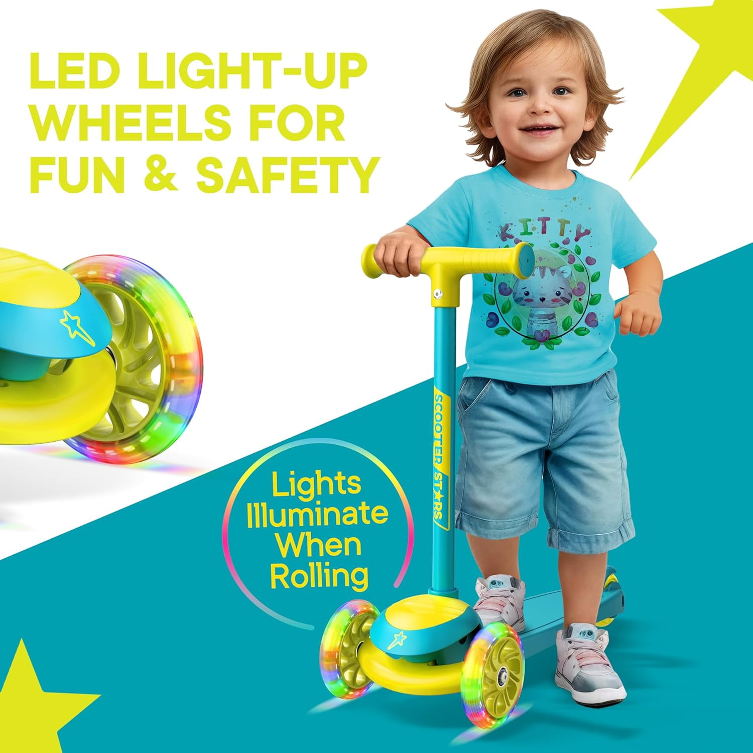 Scooter Stars 3-Wheel Kids Scooter with Light-Up LED Front Wheels, Wide Anti-Slip Deck, Rear Foot Brake, Lean-to-Steer Ride-On Toy