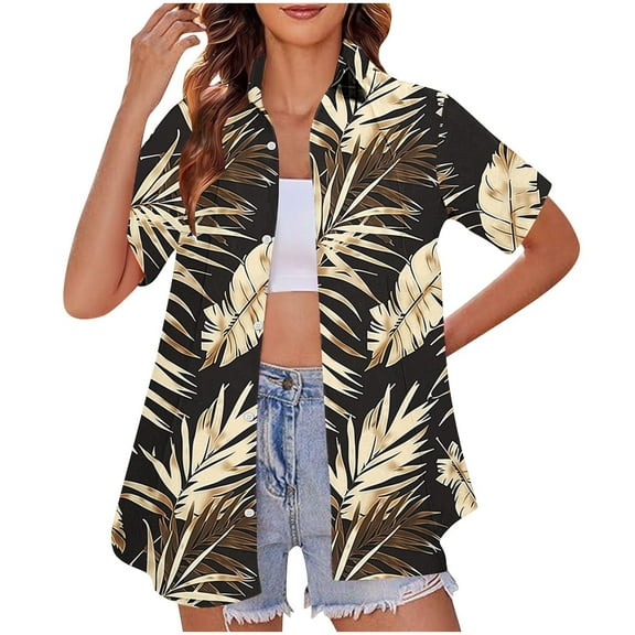 Atogsazn Women's Hawaiian Shirts Casual Summer Short Sleeve Shirt Beach Top Clothes Fashion Blouse Brown S