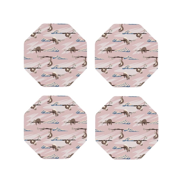 Vsdgher Cloud Sloth Print Leather Coasters for Drinks, Durable Drink Coasters 4 Set for Tabletop Protection, Luxurious Home Décor and Housewarming Gift-Octagon