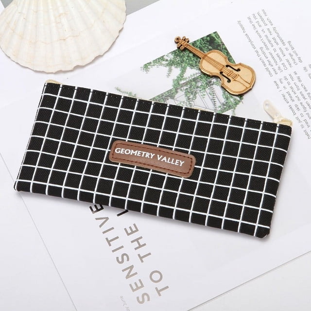 Estuche de lona con diseño de lunares enrejados, gran capacidad, organizador de papelería y neceser, con múltiples compartimentos para bolígrafos y maquillaje, lona duradera y lavable para