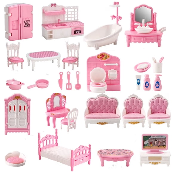 Dollhouse Furniture Set, 32 Pcs Miniature Doll House Accessories , for Kitchen Bedroom Living Room Bathroom, Toy for Ages 3  Boys Girls, Gift for Kids,B set