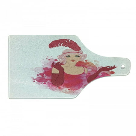 

Old Hollywood Cutting Board Lady Wearing Feather Headband Ink Splatter Design Decorative Tempered Glass Cutting and Serving Board Wine Bottle Shape Hot Pink Magenta by Ambesonne