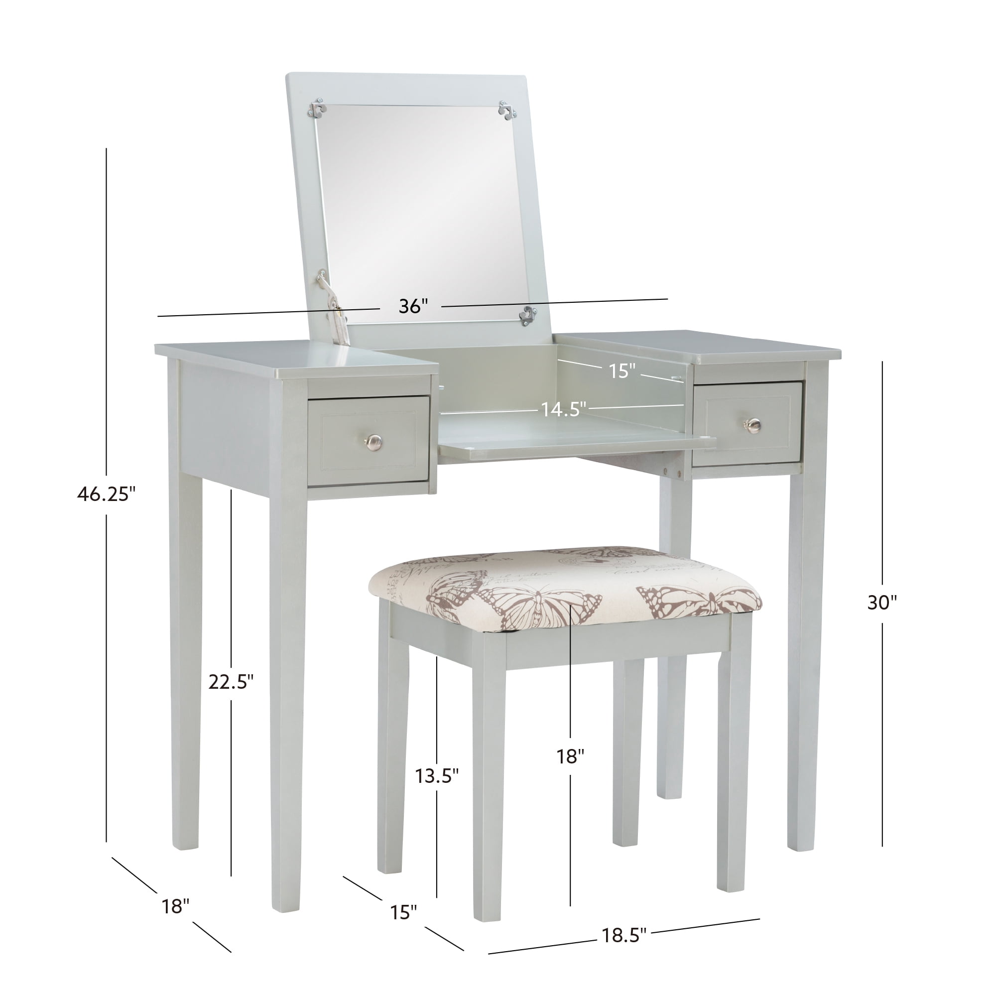 Ramsey Silver Flip-Top Mirror Vanity and Butterfly Upholstered Stool Set