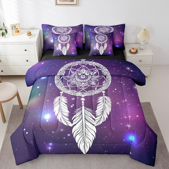 YST Dreamcatcher Bedding Twin Size 7pcs Bed in a Bag, Bohemian Style Feather Lightweight Comforter Set, Boho Galaxy Kids Teens Bedding Comforter Sets, Purple White Shiny Stars Bed Sheets Set