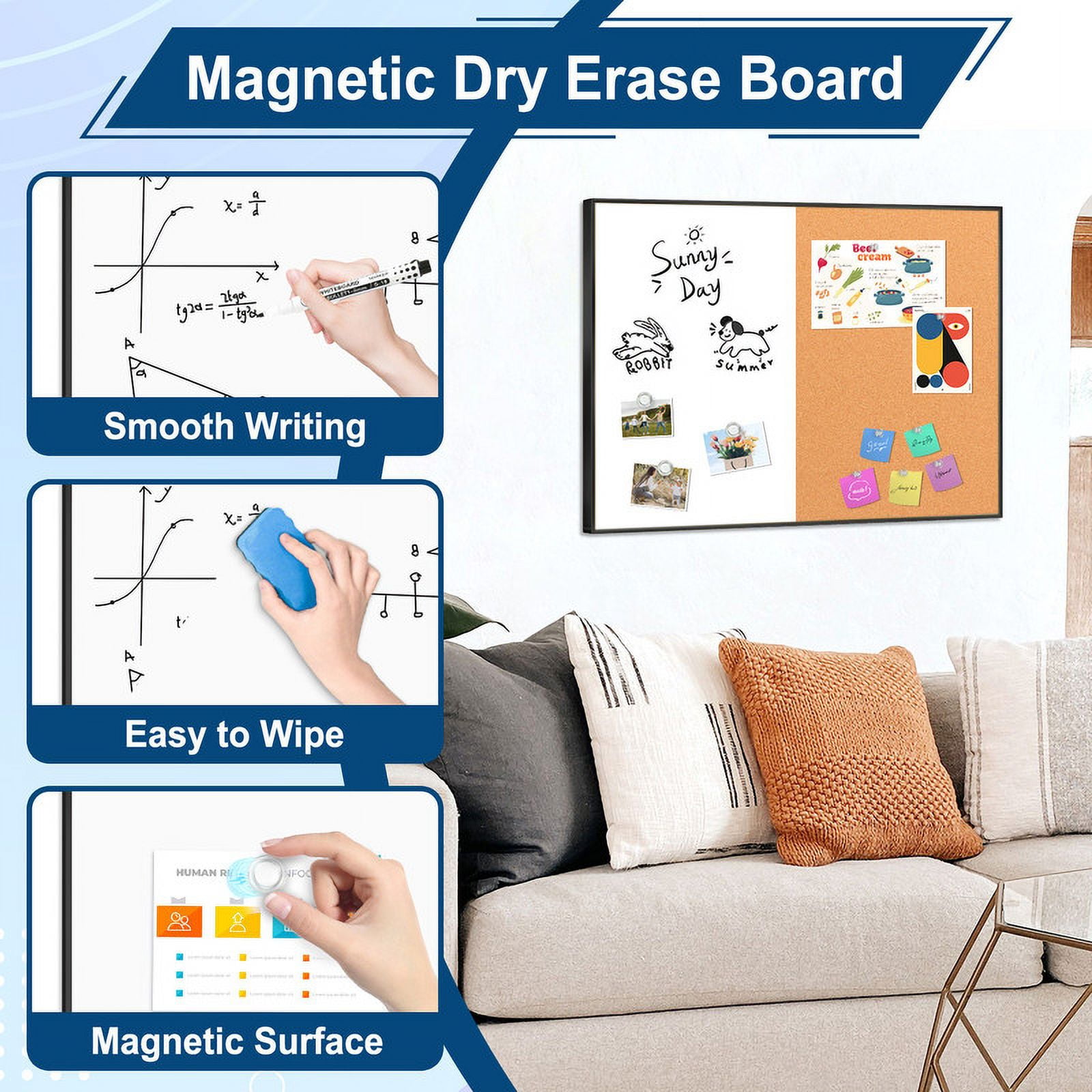 Combination Whiteboard Bulletin Board Set - 24 X 18 In Dry Erase/Cork Board With 1 Magnetic Dry Eraser, 4 Markers, 4 Magnets And 10 Thumb Tacks - Combo Tack Board White Board