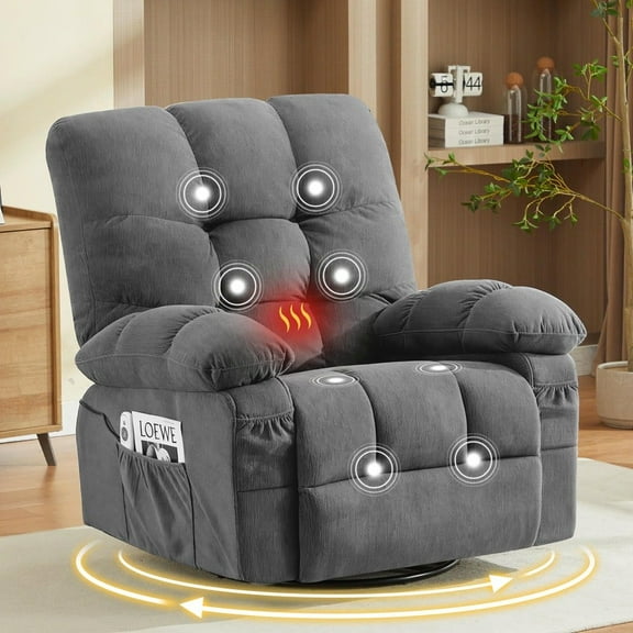 Resenkos Oversized Swivel Recliner Chair with Massage & Heat, 350lb Capacity, 8 Vibration Modes, USB Port, Dark Gray