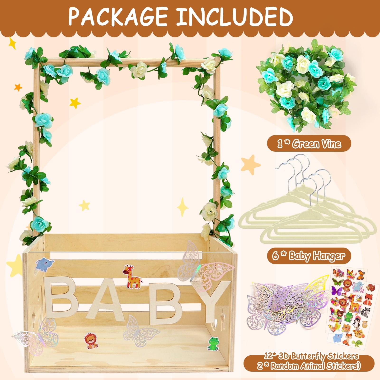 Baby Shower Crate Closet with Acrylic Clear Front Panel, Wood Shower Basket with Handle, Perfect Storage Crate for New Baby Gift