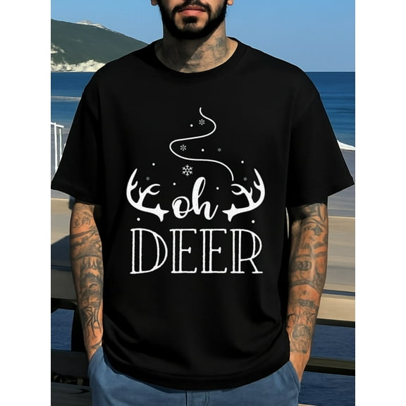 Deer Antlers Oh Deer Christmas funny t shirts t-shirts for men 180G 100% Cotton black Soft and comfortable Comfortable activewear, perfect for gifts Hip-hop street style Weekend casual wear glitter