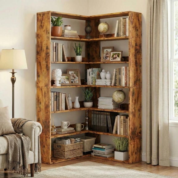 6-Tier L-Shaped Industrial Corner Bookshelf with Side Baffles, Freestanding Large Storage Display Shelving Unit for Living Room, Home Office-Brown
