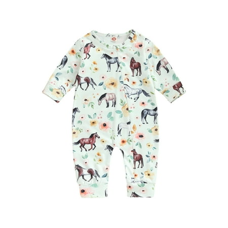 

Meihuida Infant Baby Girls Boys Romper Horse Floral Print Long Sleeve Crew Neck Oblique Zipper Jumpsuits Autumn Newborn Bodysuits