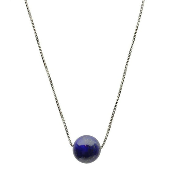 Round 10mm Blue Lapis Stone Station Sterling Silver Box Chain Necklace 16" 2"