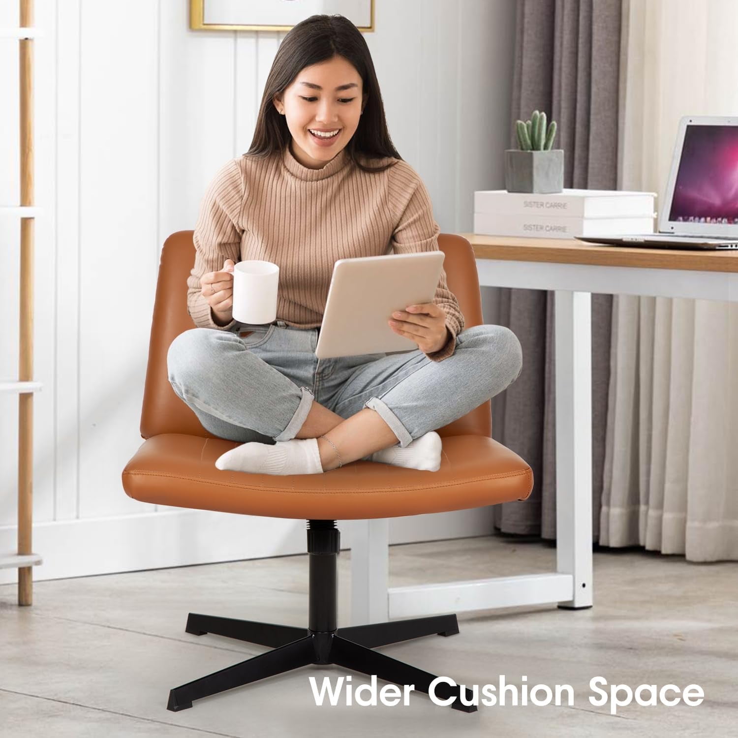 BestOffice Armless Office Chair, Criss Cross Legged, No Wheels Swivel for Men, Women(Brown)