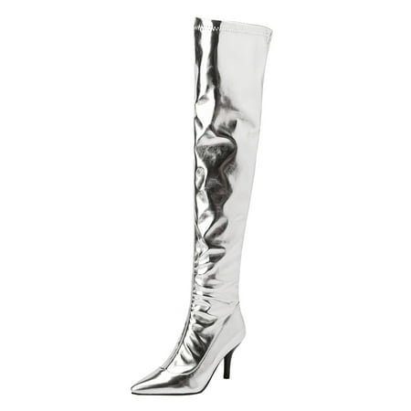 

Ediodpoh Women Metal Knee Over Boots Nightclub Steel Pipe Dance Boots Sexy High Heel Zipper Knee Over Boots Women s Boots Silver 8