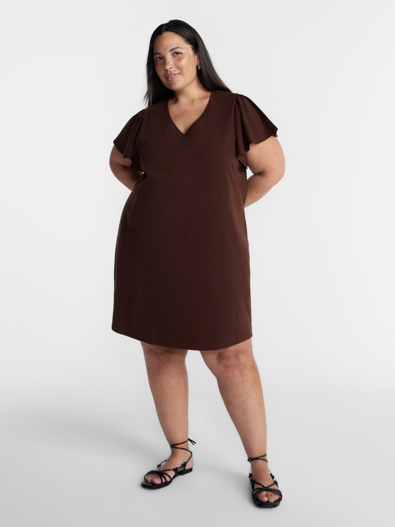 Terra & Sky Women’s Plus V Neck Mini Dress with Short Flutter Sleeves, Sizes 0X-5X