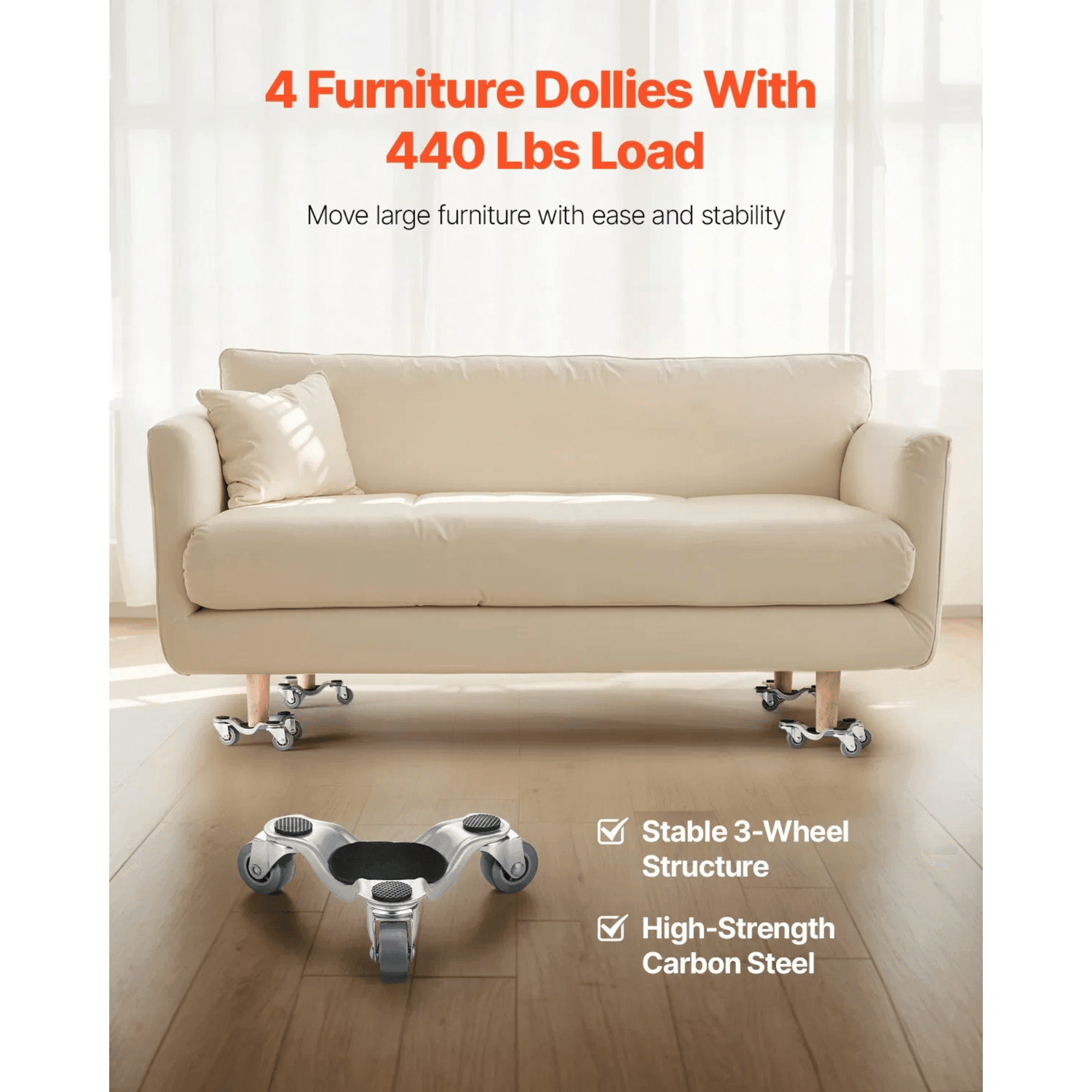 Heavy Duty Furniture Dolly, 440 lbs Load Capacity, 3-Wheel Steel Tri-Dolly with 6.3" Swivel Casters for Moving Furniture & Appliances