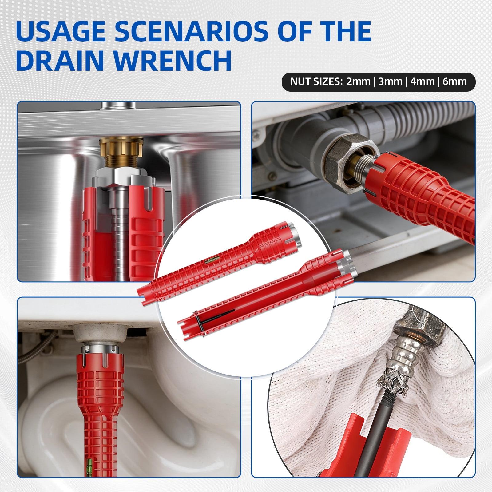6-piece sink wrench set, 8-in-1 sink and bathroom faucet wrench, adjustable wrench with wide jaws and short handle, 6-75 mm, universal plumbing tool, suitable for sink basins, pipes, and nut removal