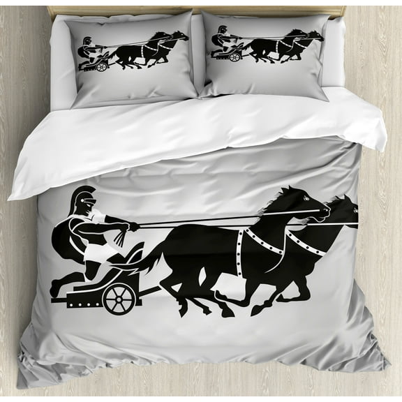 Retro Duvet Cover Set, Mythological Chariot Gladiator with Horse Traditional Greek Culture Image, Decorative 3 Piece Bedding Set with 2 Pillow Shams, Queen Size, Dimgrey Black, by Ambesonne