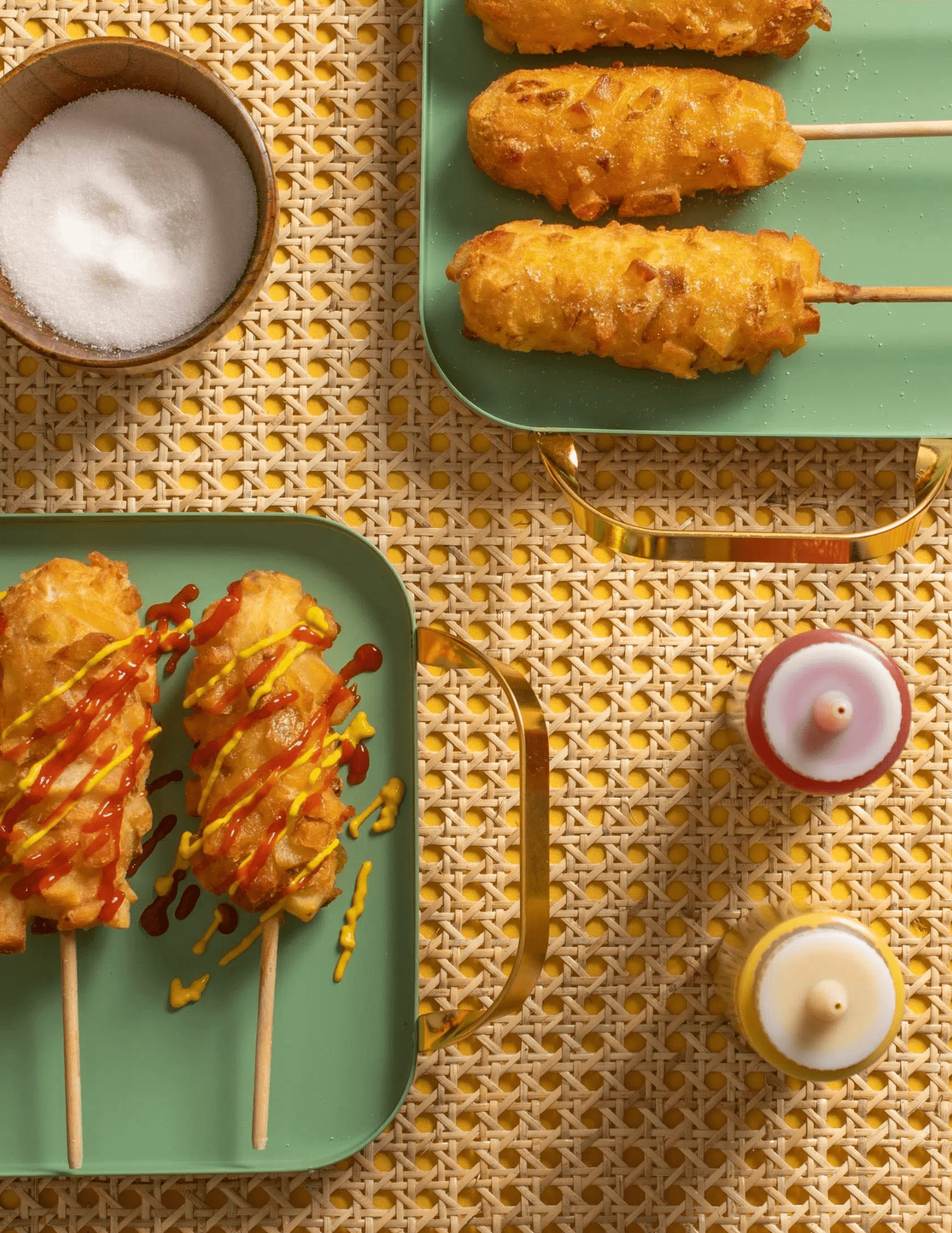 Pulmuone Potato and Mozzarella Corn Dogs Sticks, 12.7oz, Frozen Individually Packaged in a Plastic Wrapper, Contains Wheat, Soybeans, Milk and Eggs.