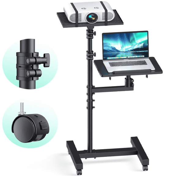 Projector Stand Tripod: 2 Shelves Mobile Laptop Cart Adjustable Height 45 to 64 Inches, Rolling Laptop Stand Cart with Ventilated Tray, Projector Tripod Stand on Wheels for Couch, Bedside, Meeting