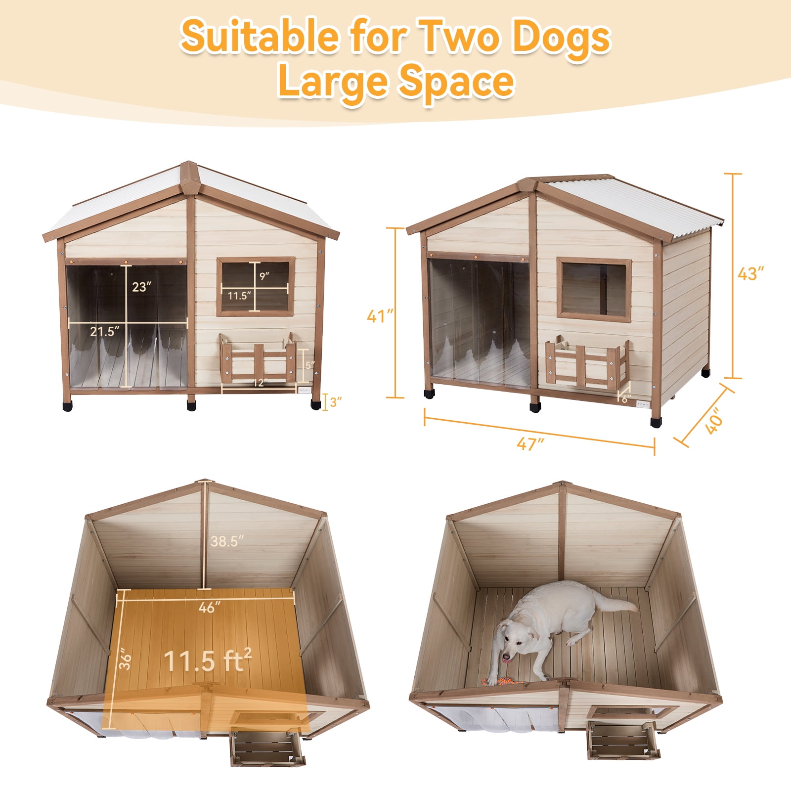 Petsfit 47" Dog House Outdoor with Waterproof PVC Roof, Extra Large Dog House for 2 Medium Dogs, Dog House Outdoor Large Breed, XXL Dog Houses with Window, Beige