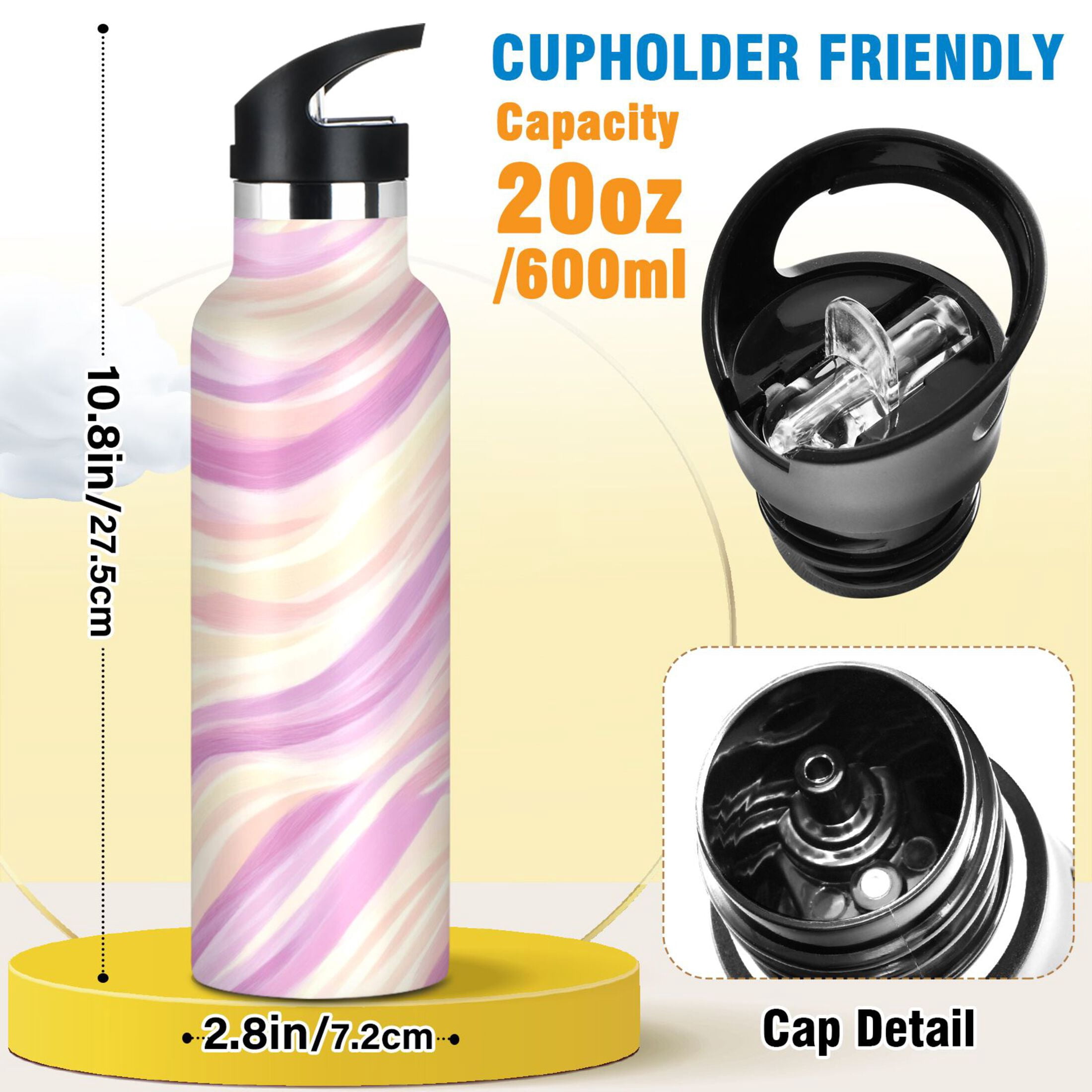 Kids Insulated Stainless Steel Sports Water Bottle 600ml (20oz) Pastel Pink Wavy Lines