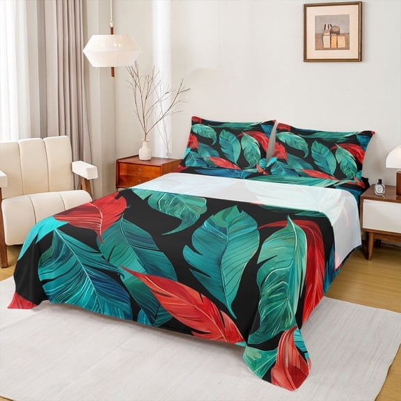 Homewish Monstera Leaf Twin Sheet Sets,Tropical Botanical Twin Fitted Sheet,Green Red Black Flat Sheet For Girl,Luxury Bedroom Decor,3-Piece