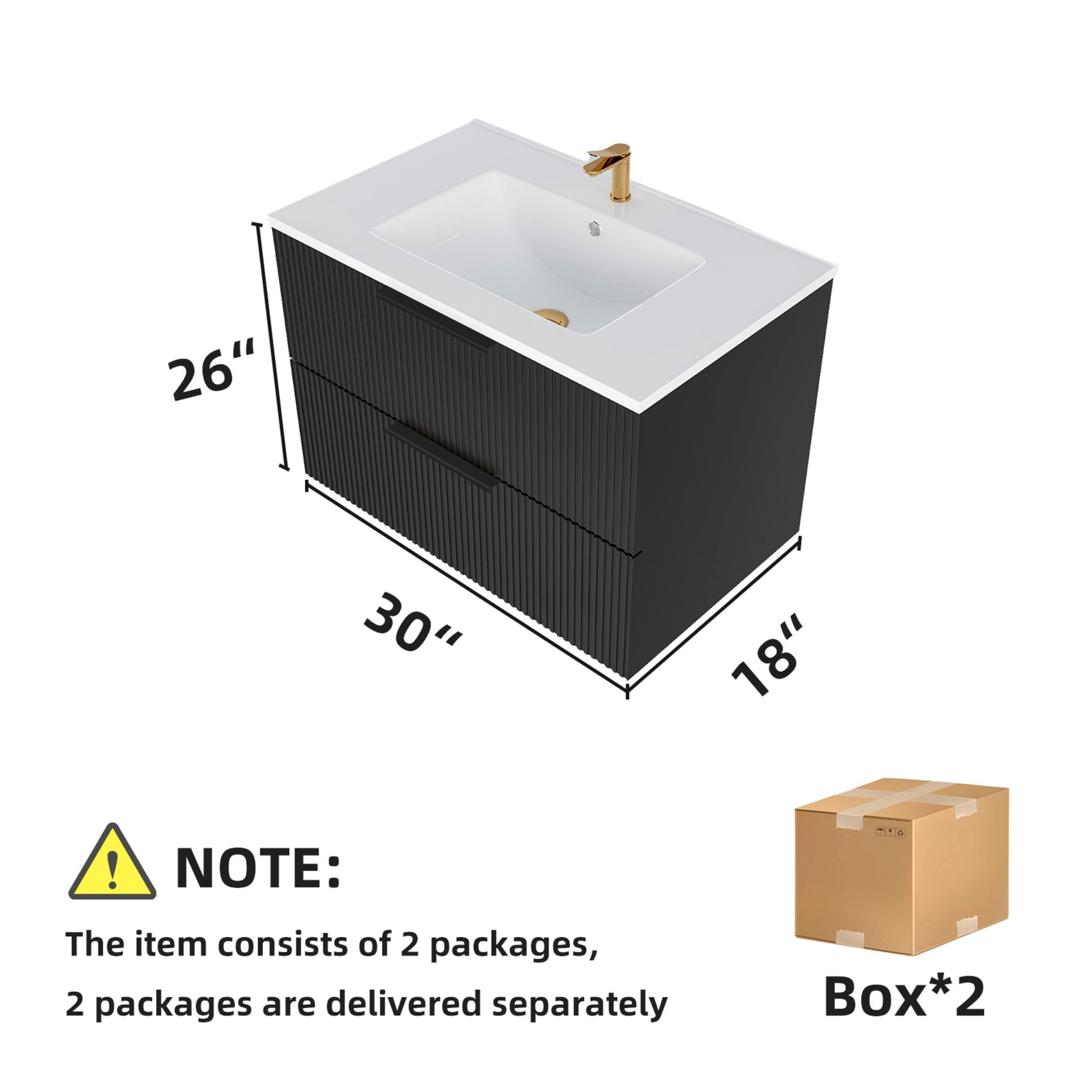 Noble House 30" Wall Mounted Floating Bathroom Vanity with Sink, 2 Drawers, Modern Cabinet, Matte Black
