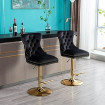 KEINXS Set of 2 Swivel Bar Stool Chairs Set of 2 Modern Adjustable Counter Height Bar Stools, Velvet Upholstered Stools with Tufted High Back and Kitchen Pulls, Chrome Gold Base, Black