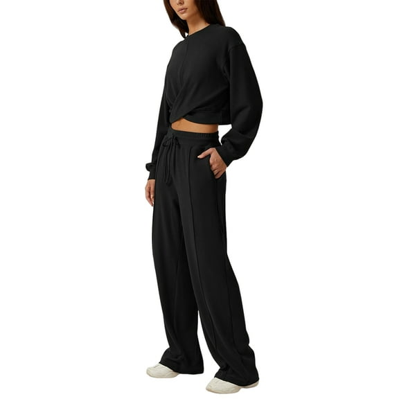 Women 2 Piece Outfits Sweatsuit Set Twist Front Cropped Sweatshirt Wide Leg Sweatpant Lounge Set