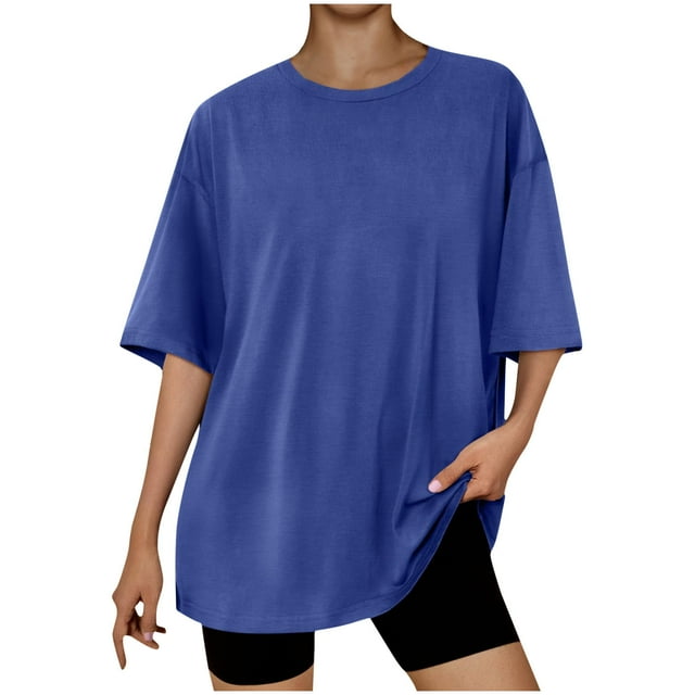 Yuyuzo T-shirts Oversize pour Femmes Col Rond Manches Courtes Hauts Unis Été Blouses Légères Décontractées