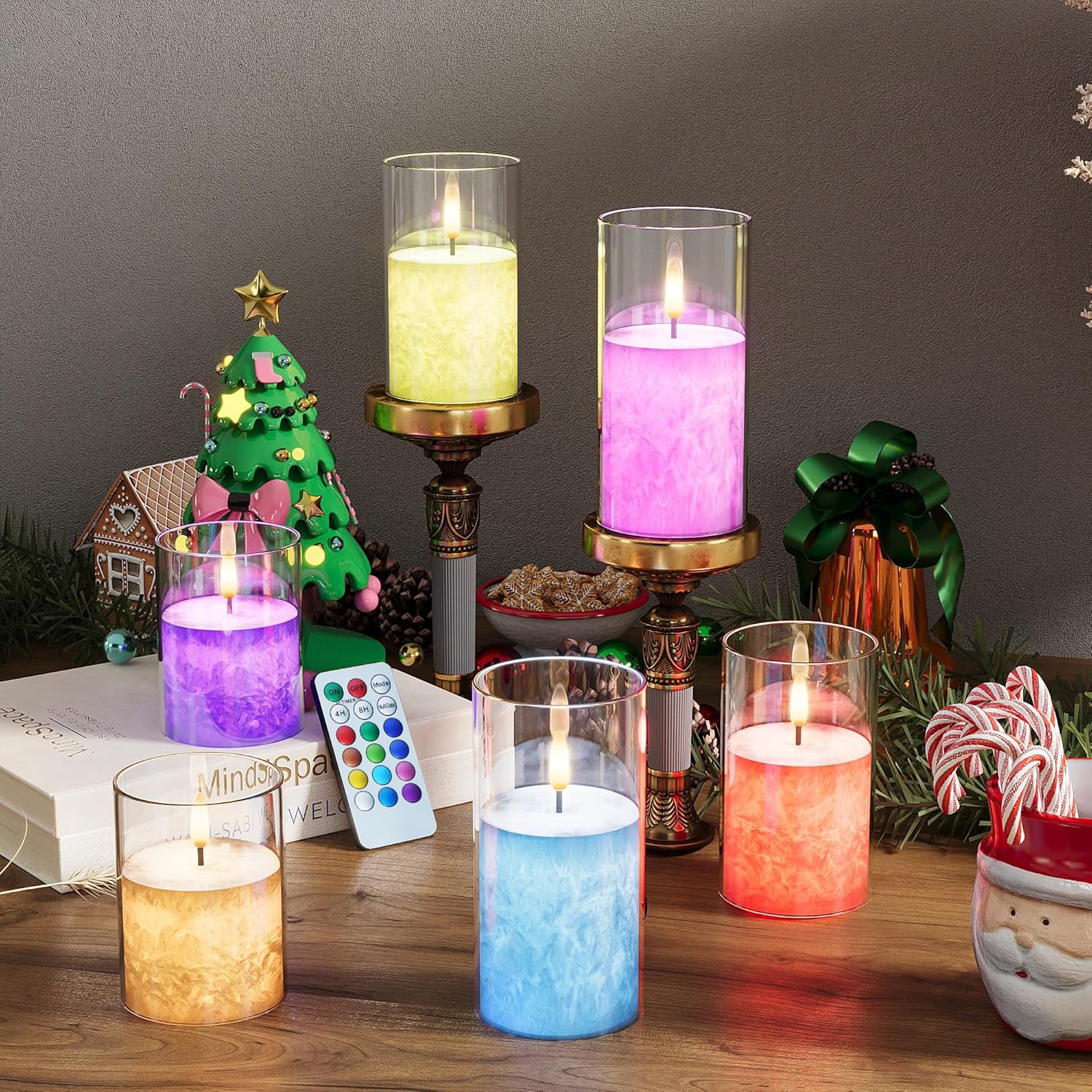 Ice Crystal Real Wax Glass Flameless Candles with Remote & Timer, Battery Operated Candles with Warm Flickering Flame, Realistic LED Candle for Wedding Home Decor [D3×H4/5"/6"] Gold, 3Pack