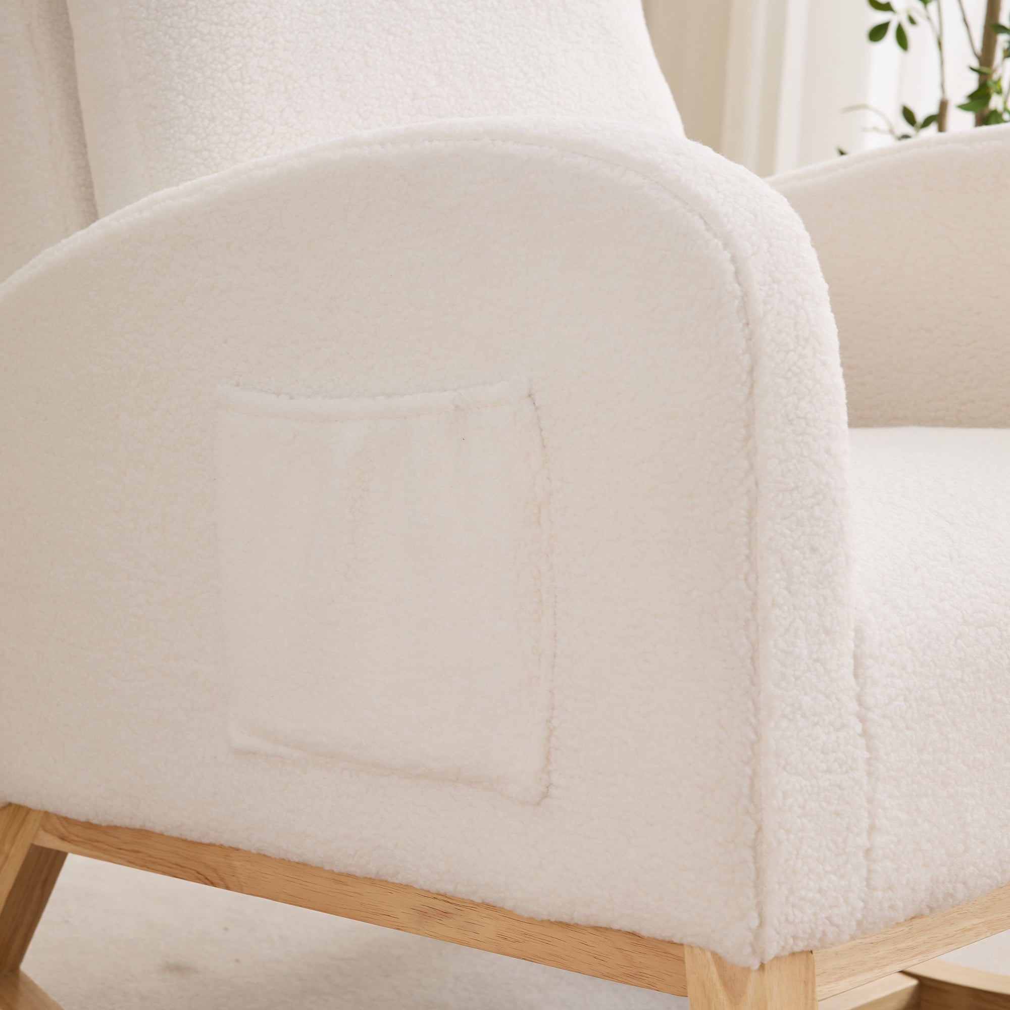 27.2"W Rocking Chair for Nursery, Sherpa Glider Chair with High Back and Side Pocket, Rocking Accent Armchair with Rubber Wood Legs for Living Room/Bedroom.Ivory