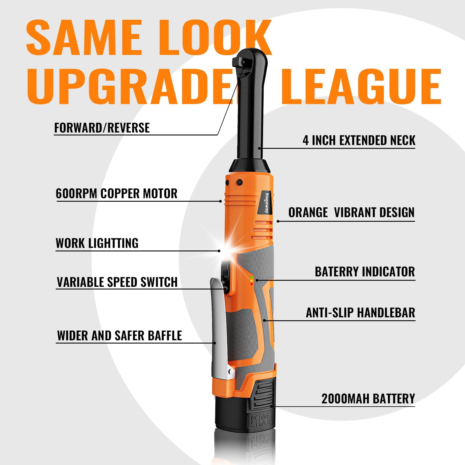 Cordless Ratchet Wrench 3/8" with 33 ft-lbs Torque, 240 RPM, Dual 2000mAh Batteries, LED Light, for Automotive Mechanical Work
