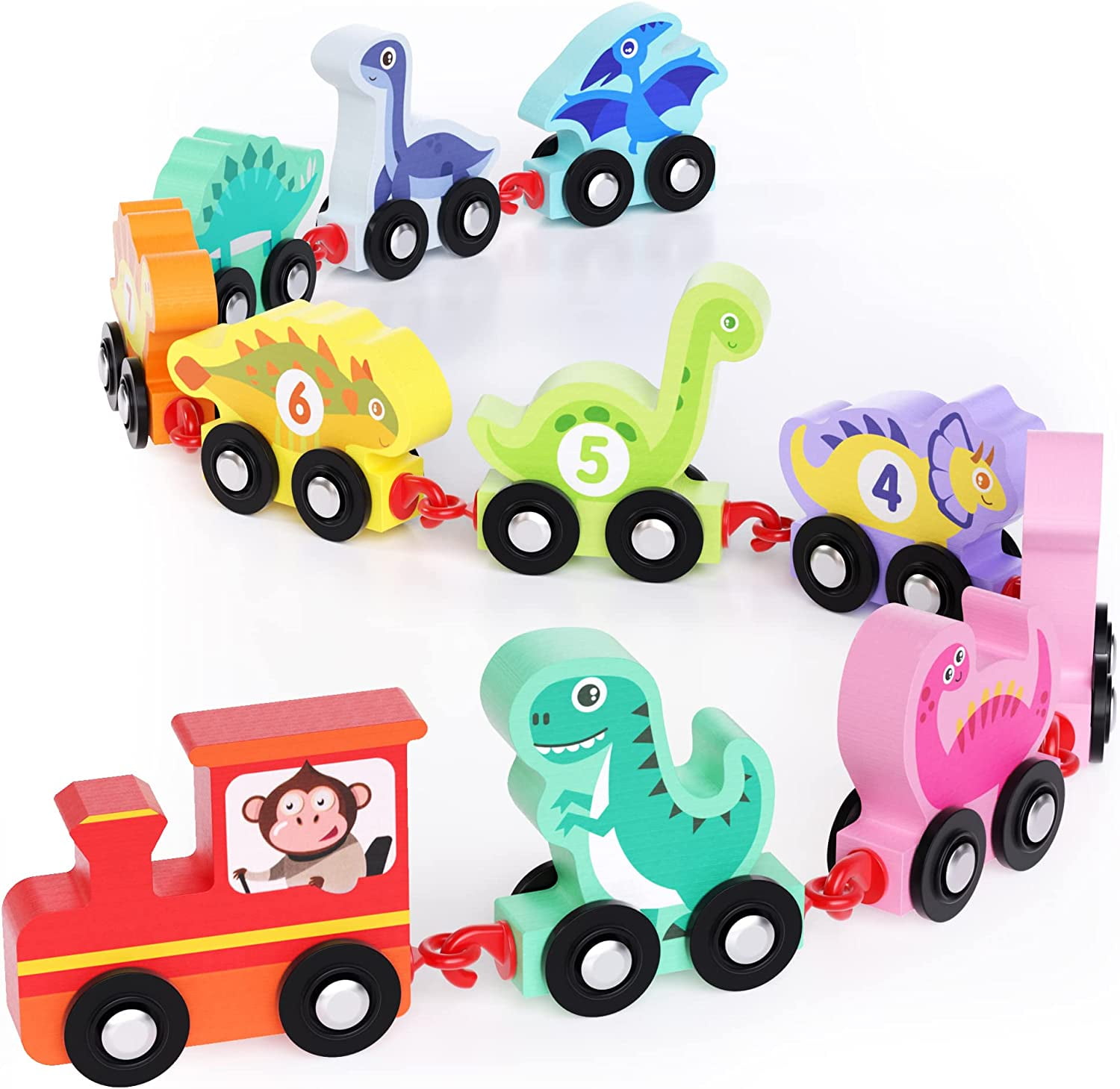 Wooden Dinosaur Train Set with Numbers,11 Pieces Train Cars Includes Count & Color