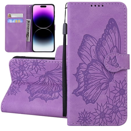 Dteck Wallet Case for iPhone XS Max, Women Butterfly Embossed PU Leather Stand Card Slots Wrist Strap Flip Folio Cover for iPhone XS Max,Purple
