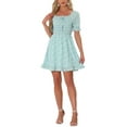 thumbnail image 2 of INSPIRE CHIC Women's Puff Sleeve Back Smocked Sweetheart Neck Floral Ruffled Hem Dress M Light Blue, 2 of 6